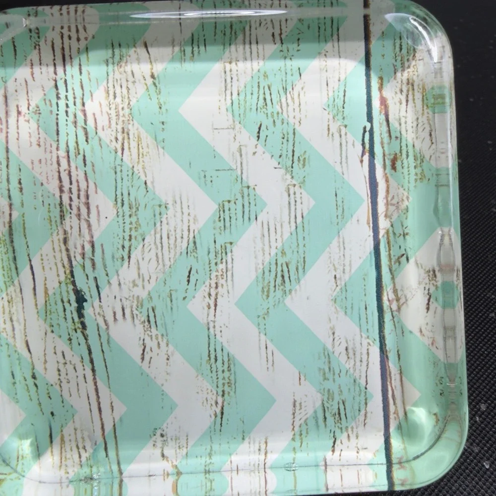 Mint Green Chevron‎ Glass Trinket Dish Square Decorative Jewelry Paperweight VTG